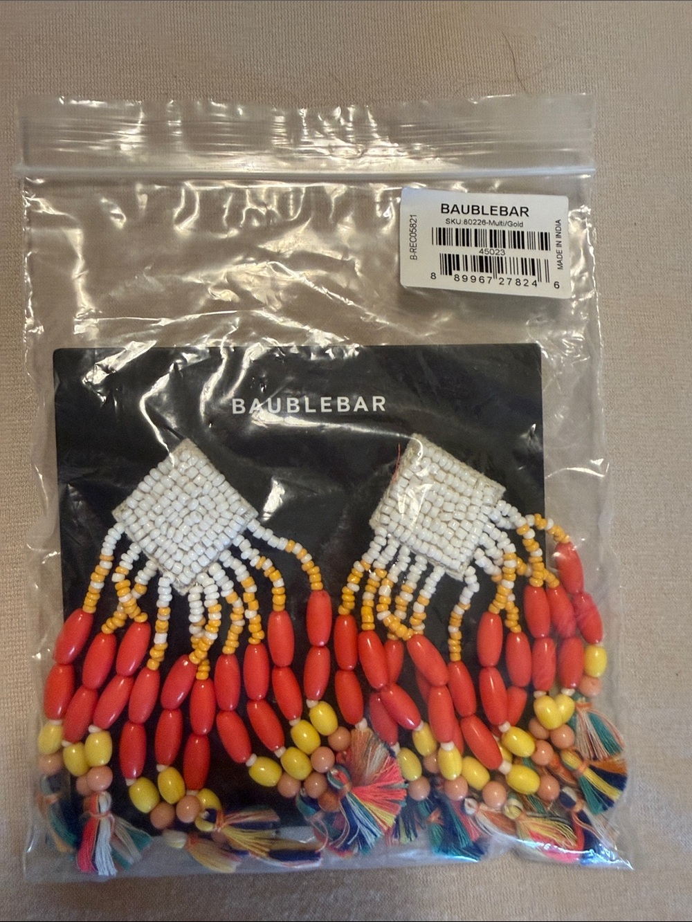 BaubleBar White Top Coral, Yellow & Multicolor Beaded Fringe Earrings